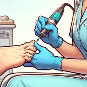 an AI generated cartoon style image of a footcare nurse holding a dremel tool near a patient's foot